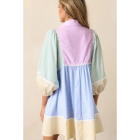 Multicolour Striped Patchwork Ric Rac Puff Sleeve Collared Mini Dress - S thumbnail