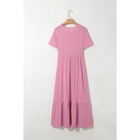 Pink Solid Color T-shirt High Waist Pocketed Long Dress - M thumbnail