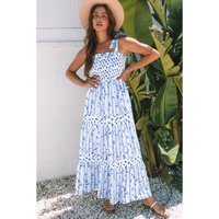 Sky Blue Floral Smocked Tied Straps A-Lined Tiered Maxi Dress - S thumbnail