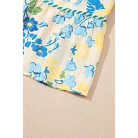 Blue Floral Striped Trim Puff Short Sleeve Dress - L thumbnail