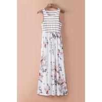 Azura Exchange White Striped Floral Print Sleeveless Maxi Dress with Pocket - L thumbnail