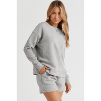 Gray Textured Long Sleeve Top and Drawstring Shorts Set - M thumbnail