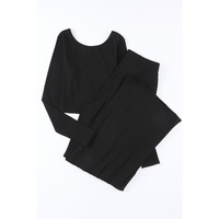 Black Solid Color Ribbed Crop Top Long Pants Set - L thumbnail