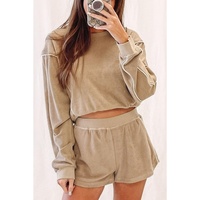 Azura Exchange Khaki Piping Trim Long Sleeve Terry Shorts Set - M thumbnail