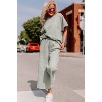 Gray Textured Loose Fit T Shirt and Drawstring Pants Set - L thumbnail
