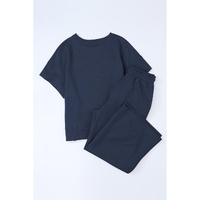 Navy Blue Textured Loose Fit T Shirt and Drawstring Pants Set - L thumbnail