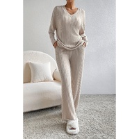 Khaki Ribbed Knit V Neck Slouchy Two-piece Outfit - S thumbnail