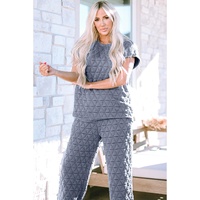 Real Teal Quilted Short Sleeve Wide Leg Pants Set - L thumbnail