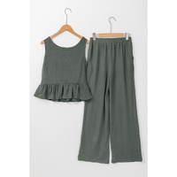 Duffel Green Solid Color Ribbed Ruffle Tank Top and Pants Set - L thumbnail