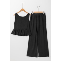Black Solid Color Ribbed Ruffle Tank Top and Pants Set - M thumbnail