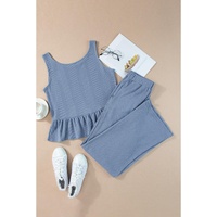 Beau Blue Solid Color Ribbed Ruffle Tank Top and Pants Set - M thumbnail