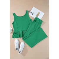 Green Solid Color Ribbed Ruffle Tank Top and Pants Set - S thumbnail
