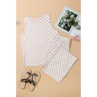 White Ribbed Texture Checkered Print 2pcs Tank and Pants Set - M thumbnail