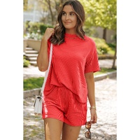 Orange Ribbed Textured Knit Loose Fit Tee and Shorts Set - M thumbnail