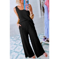 Black Crinkled U Neck Tank Top and Wide Leg Pants Set - L thumbnail