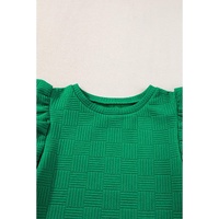 Bright Green Textured Ruffled Sleeve Tee and Drawstring Shorts Set - XL thumbnail