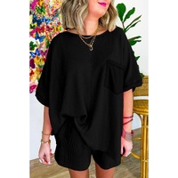 Black Waffle Knit Oversize Tee and Shorts Set - S thumbnail