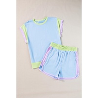 Blue Contrast Trim Cap Sleeve Tee Shorts Set - 2XL thumbnail