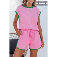 Pink Contrast Trim Cable Textured Shorts Set - L thumbnail