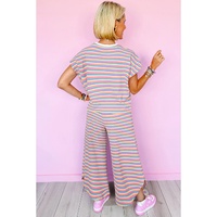 Pink Stripe Rainbow Tee Tasseled String Wide Leg Pants Set - M thumbnail