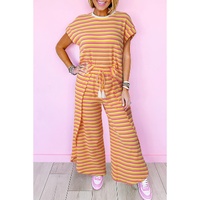 Yellow Stripe Rainbow Tee Tasseled String Wide Leg Pants Set - XL thumbnail