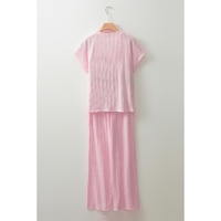 Light Pink Textured Short Sleeve Henley Top and Pocketed Wide Leg Pants - S thumbnail
