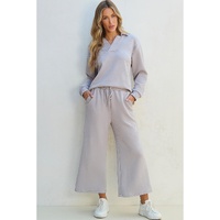 Light Grey Solid Textured Collared V Neck Top and Wide Leg Pants Set - S thumbnail