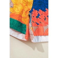 Orange Floral Printed Shirt Two Piece Drawstring Shorts Set - XL thumbnail