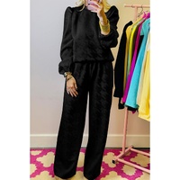 Black Textured Puff Sleeve Top and Pants Set - S thumbnail