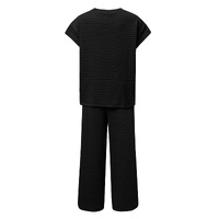 Black Solid Color Textured Short Sleeve Top and Casual Pants Set - S thumbnail