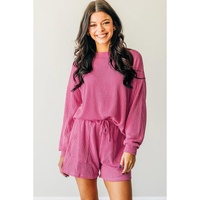 Strawberry Pink Corded Textured Long Sleeve Top and Shorts Set - M thumbnail
