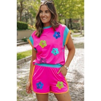 Rose Red Sequined Flower Graphic Colorblock 2 Piece Shorts Set - L thumbnail