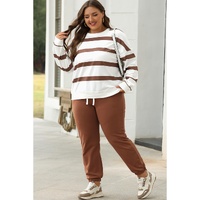 Brown Stripe Striped Drop Shoulder Pullover and Jogger Pants Set - M thumbnail