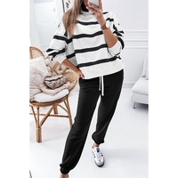 Black Stripe Drop Shoulder Pullover and Jogger Pants Set - L thumbnail
