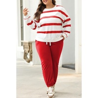 Red Stripe Drop Shoulder Pullover and Jogger Pants Set - S thumbnail