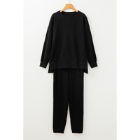 Black Solid Color High Low Pullover and Skinny Pants Set - S thumbnail