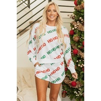White Christmas HOHOHO Print Drop Shoulder Pullover and Casual Shorts Set - M thumbnail