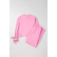 Bonbon Solid Color Drawstring Long Sleeve Top and Pants Set - L thumbnail