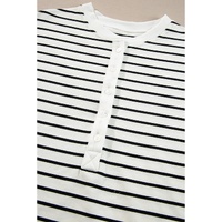 Black white Stripes Printed Half Button Long Sleeve Top and Shorts Set - L thumbnail