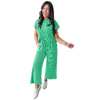 Bright Green Solid Corded Knit Short Sleeve T Shirt and Wide Leg Pants Set - M thumbnail