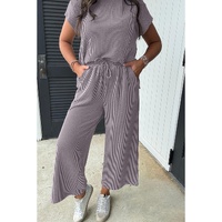 Wild Wind Solid Corded Knit Short Sleeve T Shirt and Wide Leg Pants Set - S thumbnail