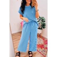 Blue Solid Corded Knit Short Sleeve T Shirt and Wide Leg Pants Set - M thumbnail