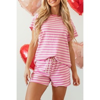 Rose Stripe Crew Neck T Shirt and Drawstring Shorts Set - S thumbnail