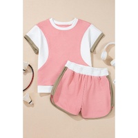 Pink Textured Colorblock Patchwork Tee Two Piece Shorts Set - S thumbnail