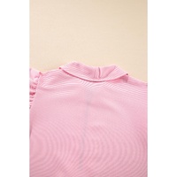 Pink Textured Ruffled Sleeve Zipped Top and Wide Leg Pants Set - S thumbnail