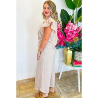 Apricot Textured Ruffled Sleeve Zipped Top and Wide Leg Pants Set - M thumbnail