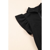 Black Textured Ruffled Sleeve Zipped Top and Wide Leg Pants Set - S thumbnail