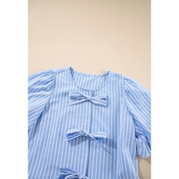 Sky Blue Striped Bowknot Detail Puffy Sleeve Top and Shorts 2Pcs Set - L thumbnail