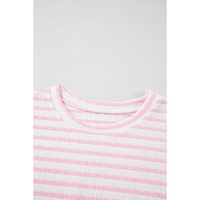 Pink Stripe Knitted Short Sleeve Top and Drawstring Shorts Set - S thumbnail