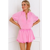 Pink Half Zip Puff Sleeve Top and Ruffled Shorts Set - L thumbnail